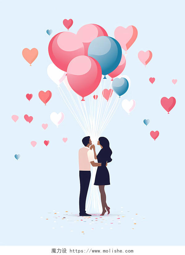 蓝色清新国际接吻日浪漫情侣拥吻情人节插画